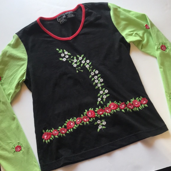 Vintage Y2K Long Sleeve Top Floral Embroidery 2000‘s Neon Green Black Floral Hot - Picture 3 of 13